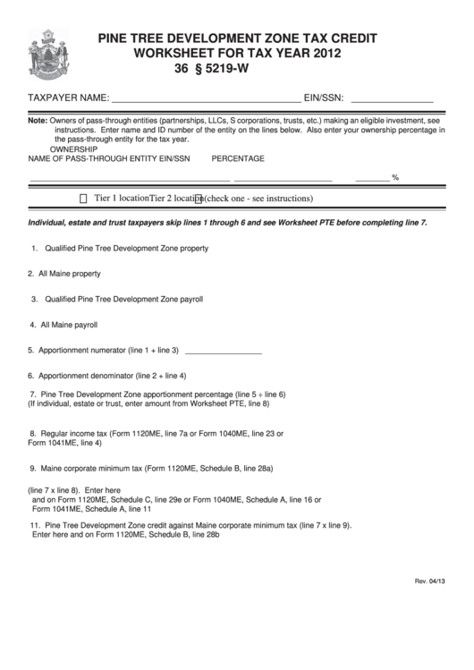 Pine Tree Development Zone Tax Credit Worksheet For Tax Year 2012 - Maine Department Of Revenue Printable pdf
