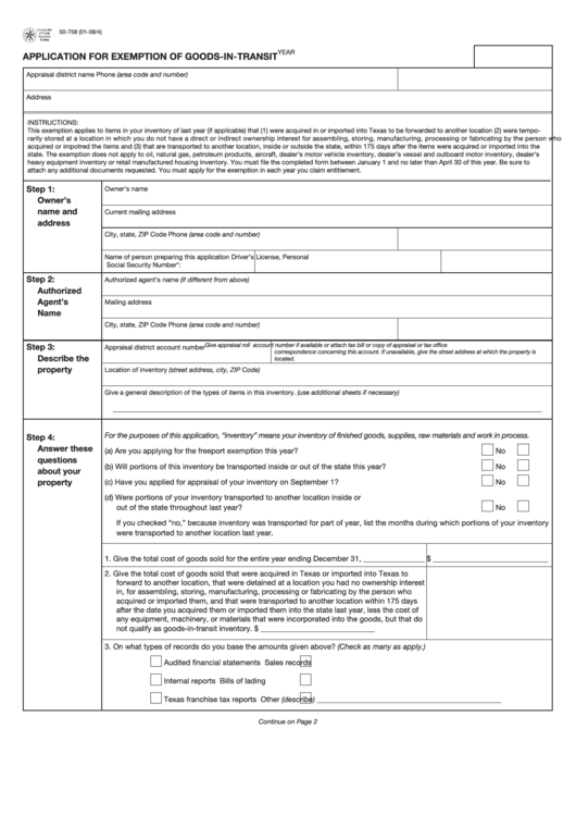 Fillable Form 50-758 - Application For Exemption Of Goods-In-Transit Printable pdf