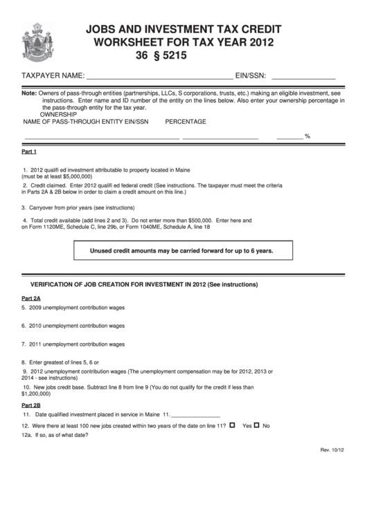 Jobs And Investment Tax Credit Worksheet For Tax Year 2012 Printable pdf
