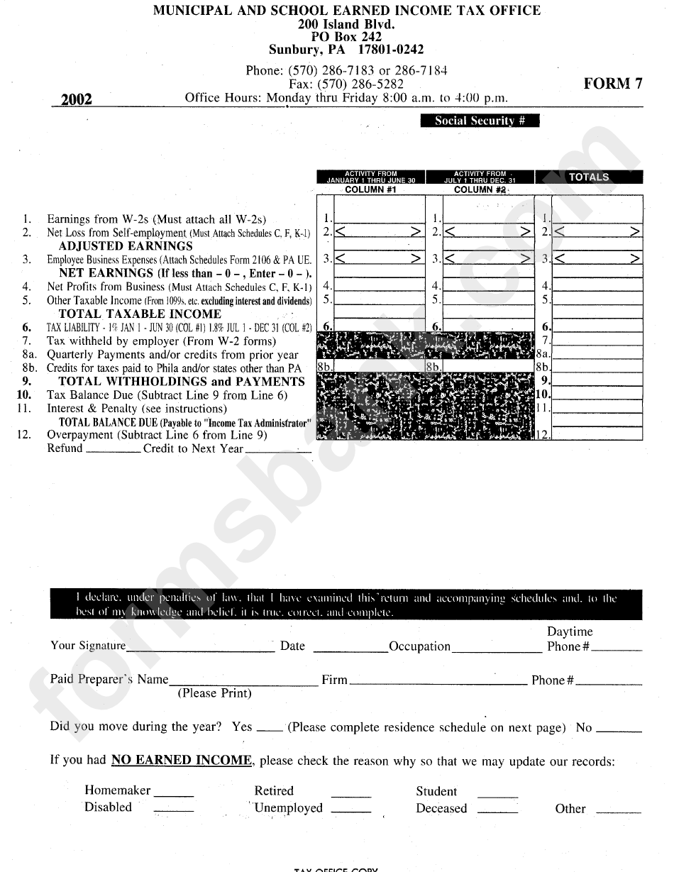 Form 7 - Municipal And School Earned Income Tax - 2002