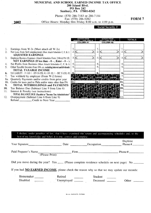 Form 7 - Municipal And School Earned Income Tax - 2002 Printable pdf