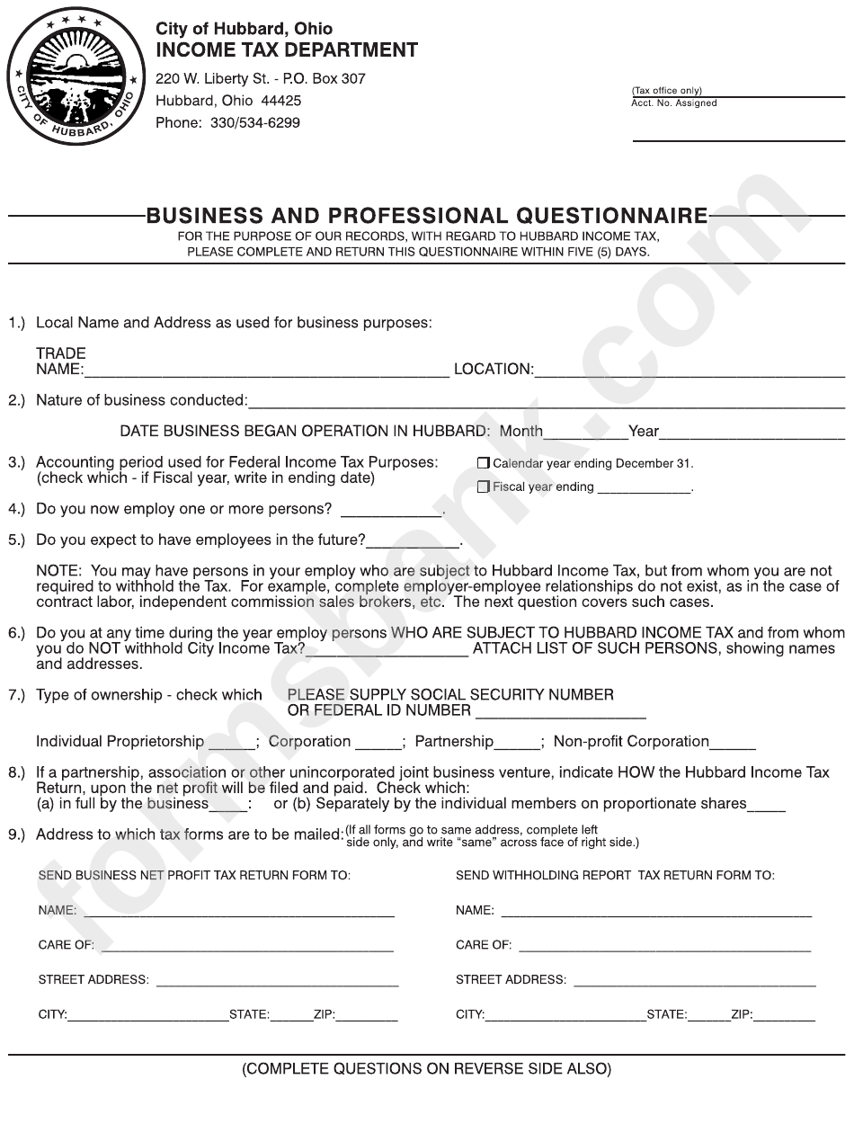 Business And Professional Questionnaire - City Of Hubbard - 2000