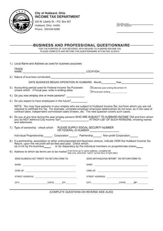 Business And Professional Questionnaire - City Of Hubbard - 2000 Printable pdf