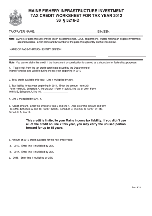 Maine Fishery Infrastructure Investment Tax Credit Worksheet - 2012 Printable pdf