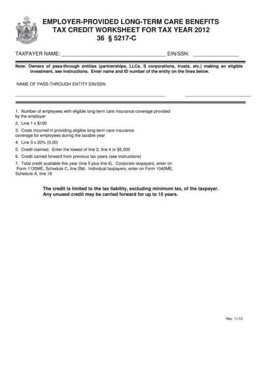 Employer-Provided Long-Term Care Benefits Tax Credit Worksheet For Tax Year 2012 Printable pdf