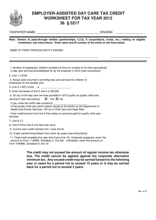 Employer-Assisted Day Care Tax Credit Worksheet For Tax Year 2012 Printable pdf
