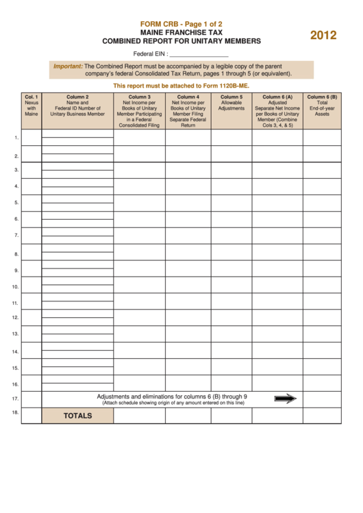 Form Crb - Maine Franchise Tax Combined Report For Unitary Members - 2012 Printable pdf
