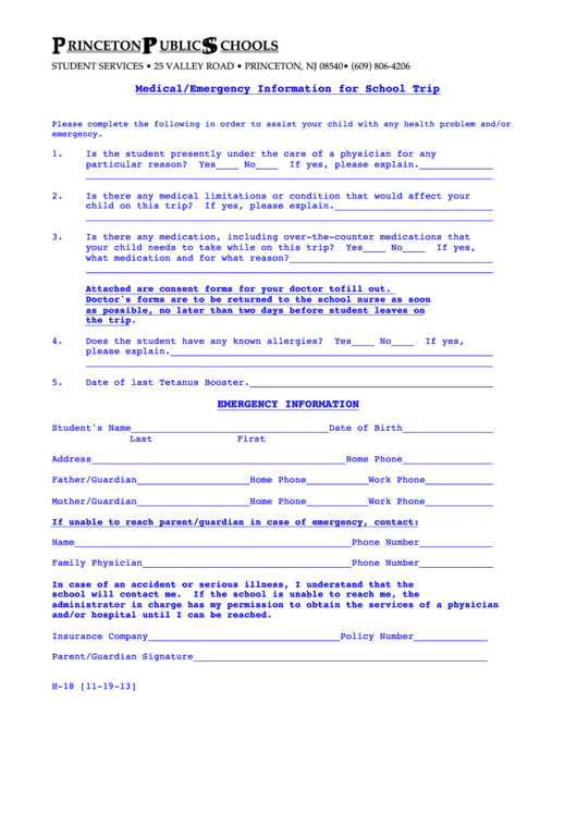 Form H-18 - Medical Emergency Information For School Trip - 2013 Printable pdf