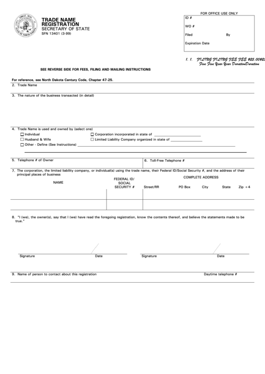 Form Sfn 13401 - Trade Name Registration - 1999 Printable pdf