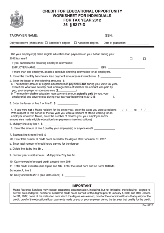Credit For Educational Opportunity Worksheet For Individuals For Tax Year 2012 Printable pdf
