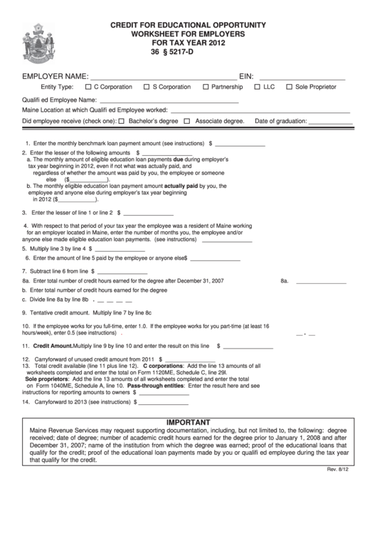 Credit For Educational Opportunity Worksheet For Employers For Tax Year 2012 Printable pdf