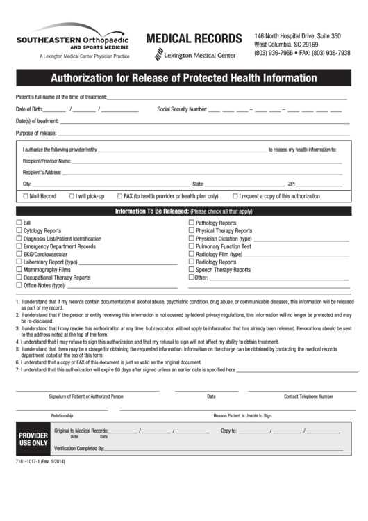 Form 7181-1017-1 - Authorization For Release Of Protected Health Information - 2014 Printable pdf