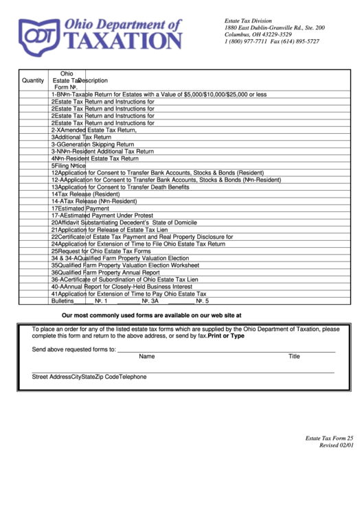 Estate Tax Form 25 - Order For The Estate Tax Forms - 2001 Printable pdf