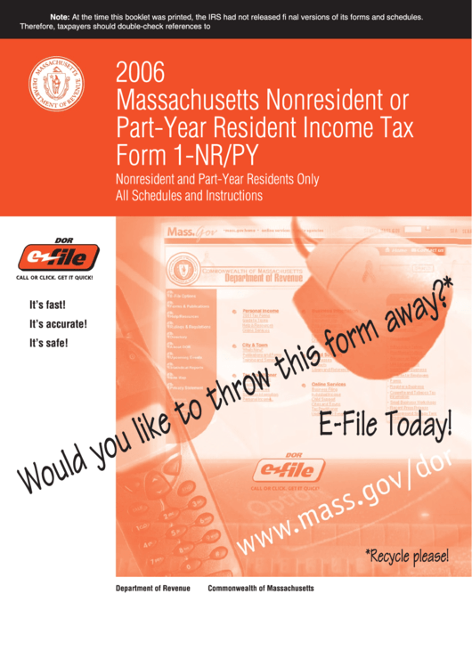 Instructions For Form 1-Nr/py - Massachusetts Nonresident Or Part-Year Resident Income Tax - 2006 Printable pdf