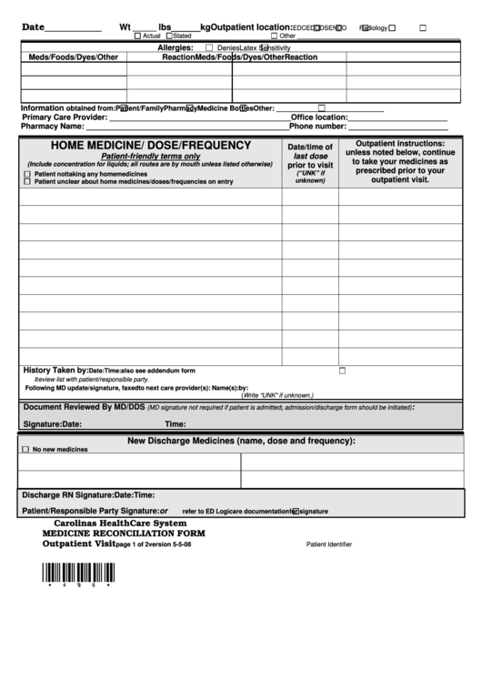 Form 5-5- 08 - Medicine Reconciliation - 2007 Printable pdf