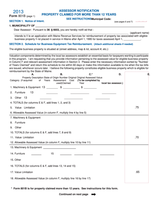Form 801b - Assessor Notification Property Claimed For More Than 12 Years - 2013 Printable pdf