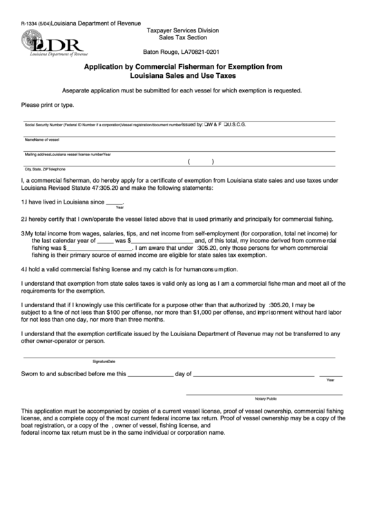 Fillable Form R-1334 - Application By Commercial Fisherman For Exemption From Louisiana Sales And Use Ta X E S Printable pdf