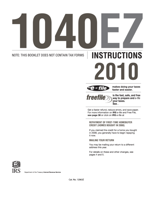 Instructions For Form 1040ez - Income Tax Return - Internal Revenue Service - 2010 Printable pdf