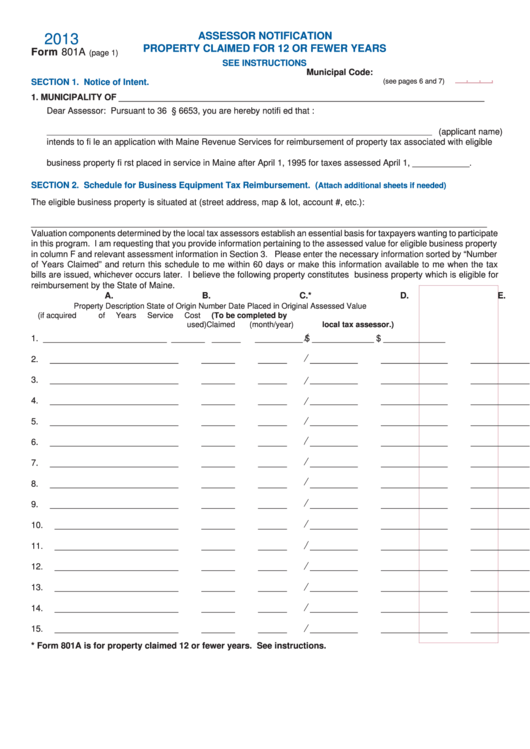 Form 801a - Assessor Notification Property Claimed For 12 Or Fewer Years - 2013 Printable pdf