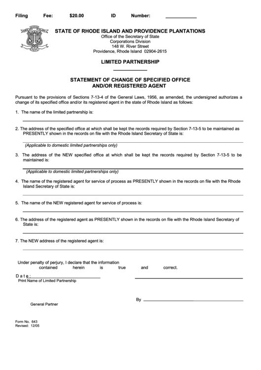 Fillable Form 643 - Statement Of Change Of Specified Office And/or Registered Agent Printable pdf