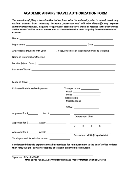Academic Affairs Travel Authorization Form Printable pdf