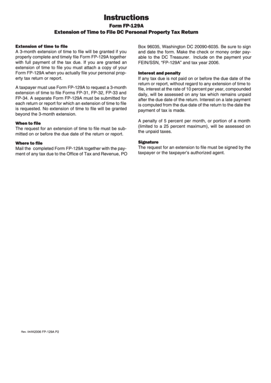 Instructions For Form Fp-129a - Extension Of Time To File Dc Personal Property Tax Return - Washington Dc - 2006 Printable pdf