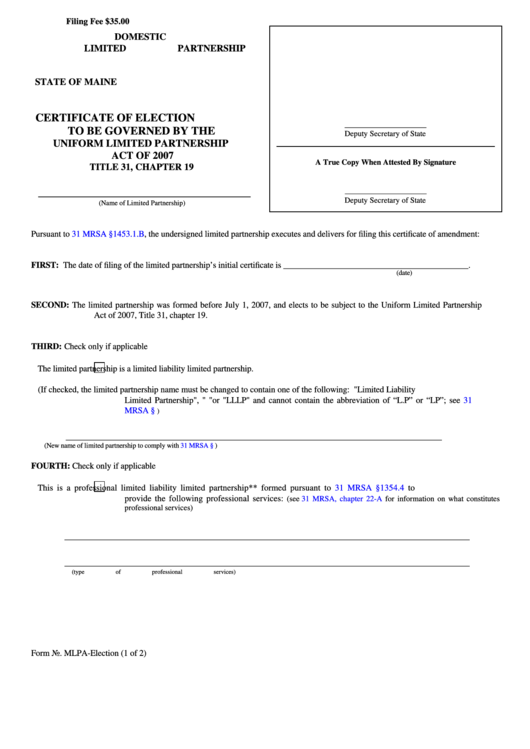 Fillable Form Mlpa - Certificate Of Election To Be Governed By The Uniform Limited Partnership Printable pdf