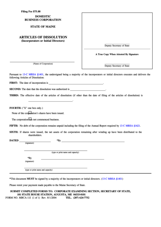 Fillable Form Mbca -111 - Articles Of Dissolution - State Of Maine Printable pdf