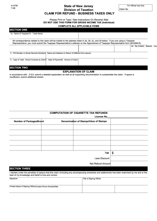 Fillable Form A-3730 - Claim For Refund - Business Taxes Only - State Of New Jersey Printable pdf