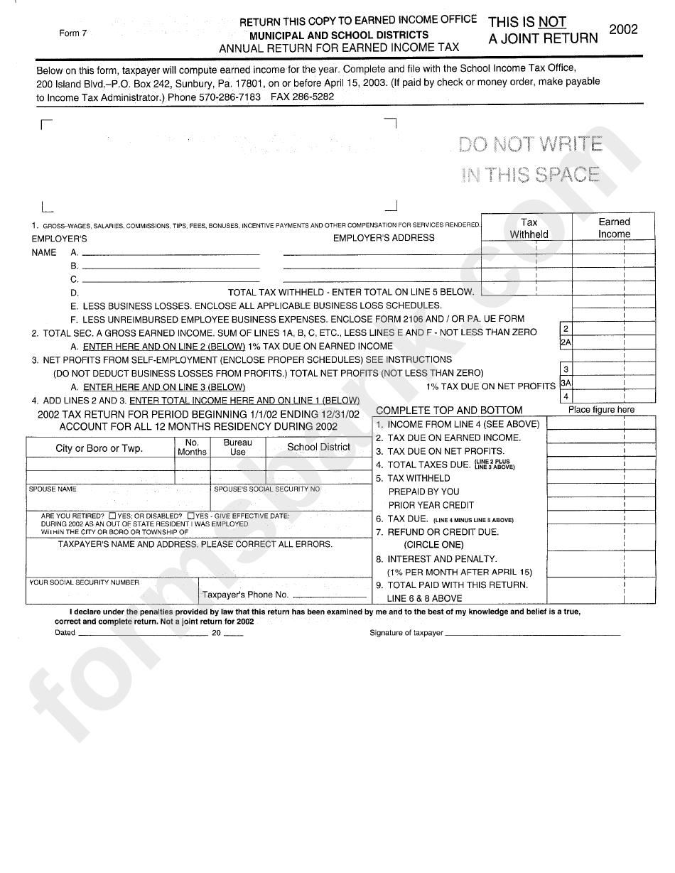 Form 7 - Annual Return For Earned Income Tax - Municipal And School Districts - 20023
