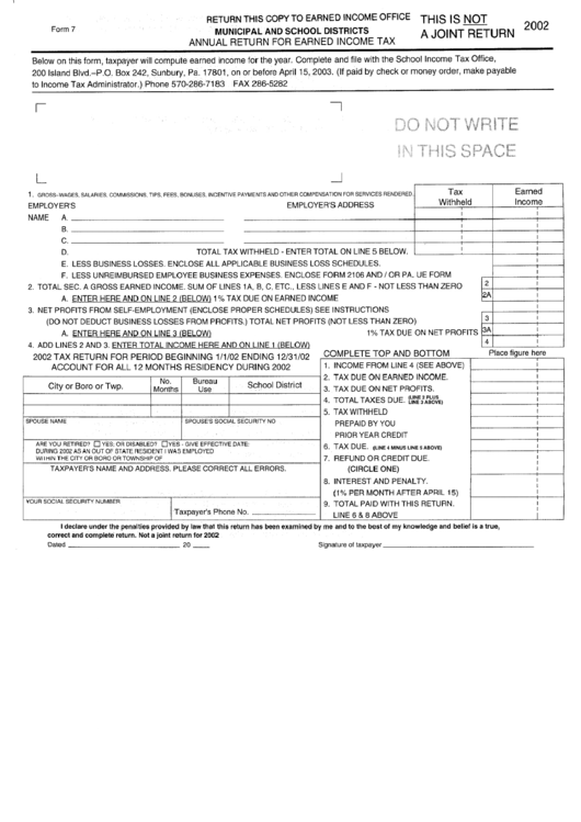 Form 7 - Annual Return For Earned Income Tax - Municipal And School Districts - 20023 Printable pdf