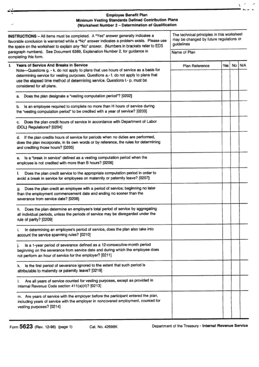 Form 5623 - Employee Benefit Plan Minimum Vesting Standards Defined Contribution Plans - 1998 Printable pdf
