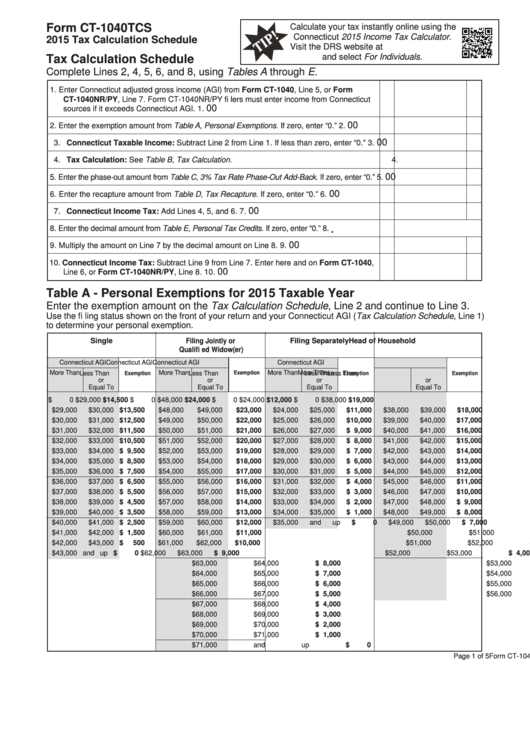 Form Ct1040tcs Tax Calculation Schedule Connecticut 2015