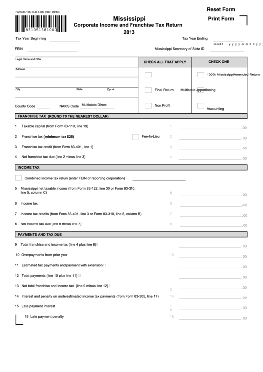 Fillable Form 83-105-13-8-1-000 - Corporate Income And Franchise Tax Return - 2013 Printable pdf