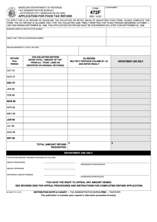 Fillable Form 472f - Application For Food Tax Refund - Missouri Department Of Revenue Printable pdf