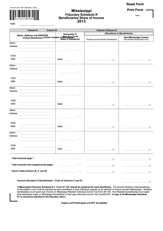 Fillable Form 81-131-16-8-1-000 - Fiduciary Schedule K - Beneficiaries Share Of Income - Mississippi/fiduciary Schedule K-1 - 2013 Printable pdf