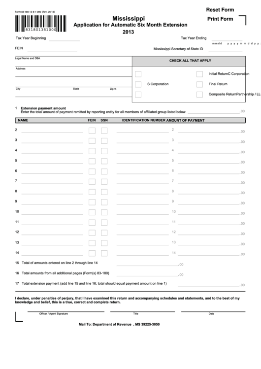 Fillable Form 83-180-13-8-1-000 - Application For Automatic Six Month Extension - 2013 Printable pdf
