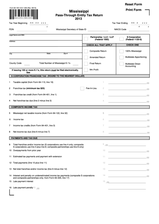 Fillable Form 84-105-13-8-1-000 - Pass-Through Entity Tax Return - 2013 Printable pdf