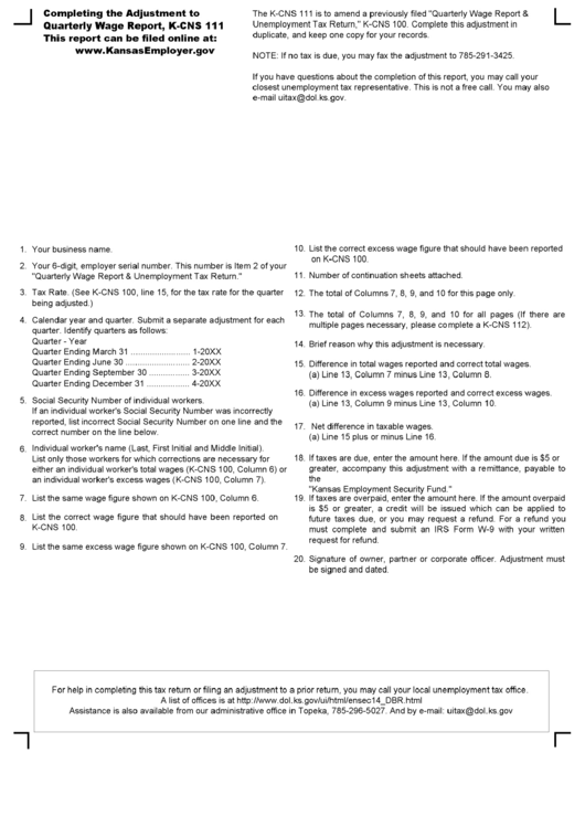 Istruction To The Form K-Cns 111 - Quarterly Wage Report Printable pdf