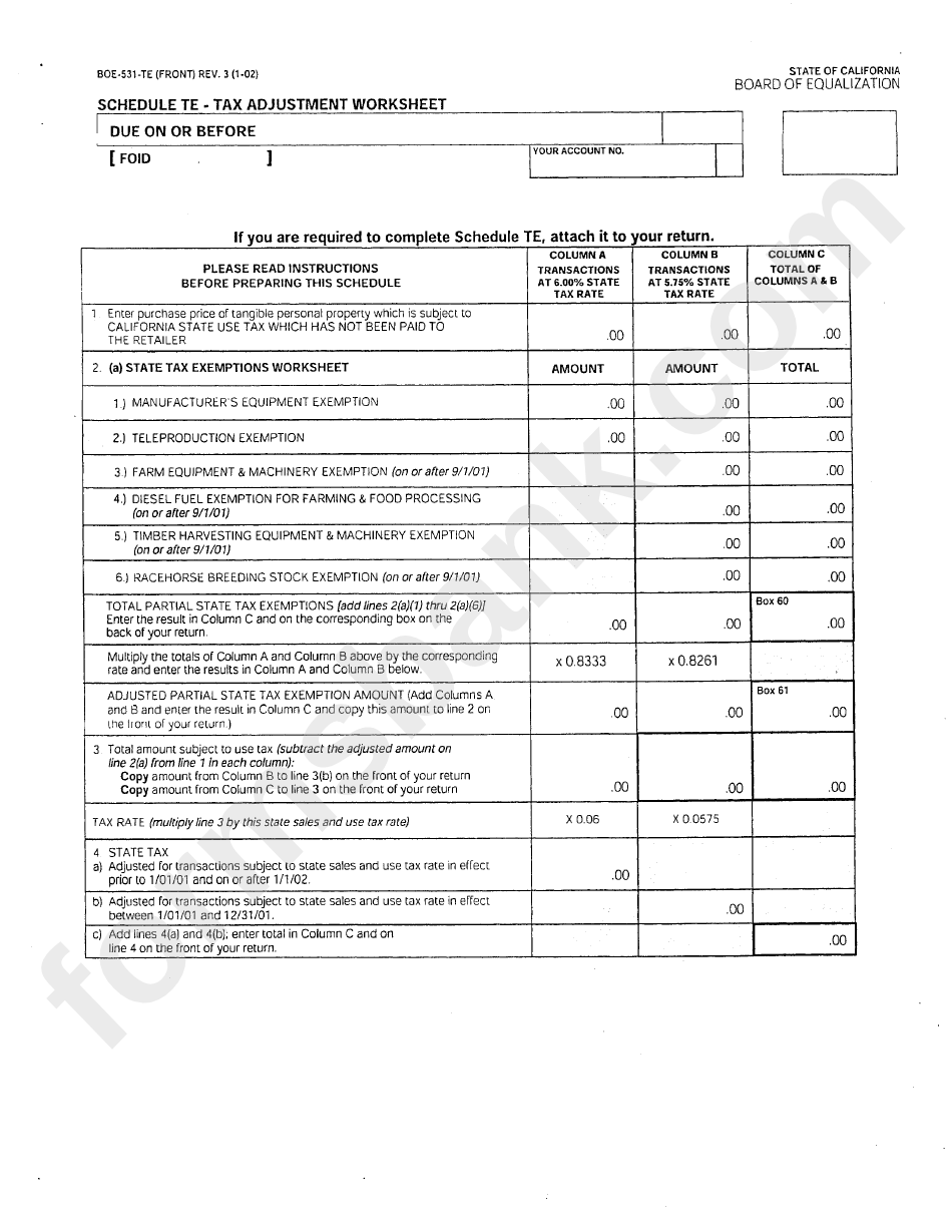 Form Boe 531-Te - Schedule Te - Tax Adjustment Worksheet - 2002