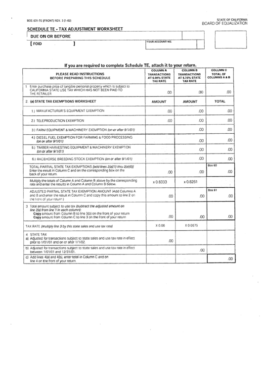 Form Boe 531-Te - Schedule Te - Tax Adjustment Worksheet - 2002 Printable pdf