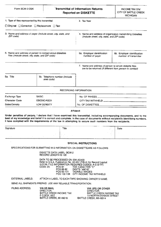 Form Bcw-2-Dsk - Transmittal Of Information Returns Reported On Diskette - City Of Battle Creek Michigan Printable pdf