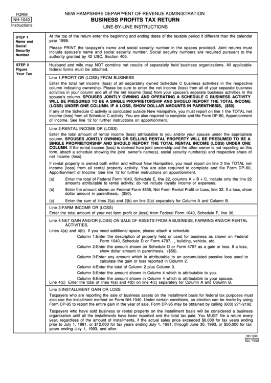 Instructions For Form Nh-1040 - Business Profits Tax Return - 1999 Printable pdf