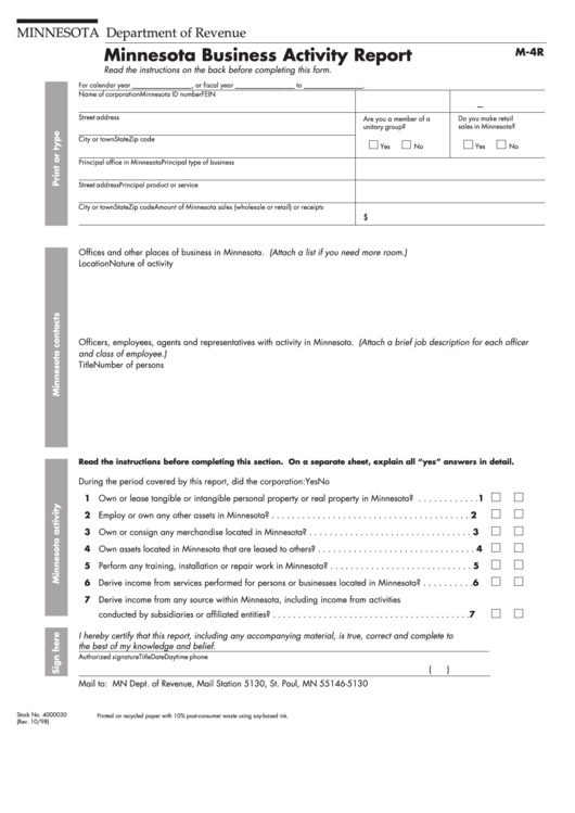 Fillable Form M-4r - Minnesota Business Activity Report - 1998 Printable pdf
