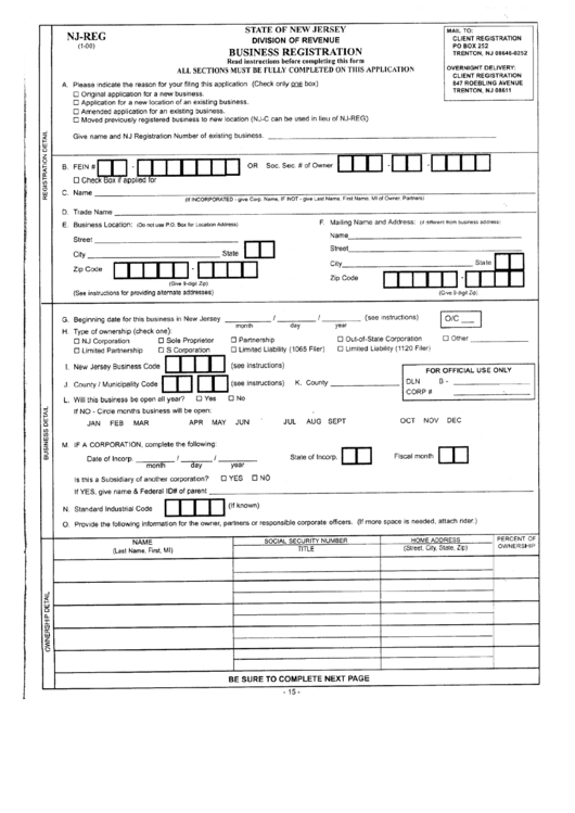 Form Nj-Reg - Business Registration - State Of New Jersey Printable pdf