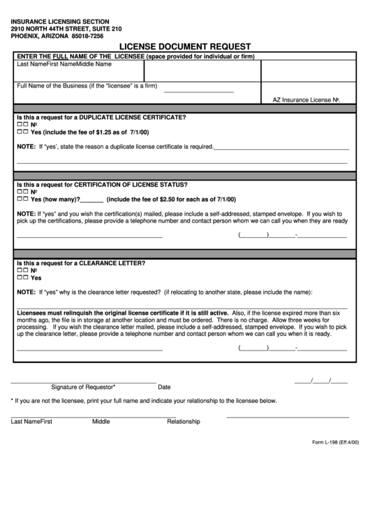 Form L-198 - License Document Request - 2000 Printable pdf