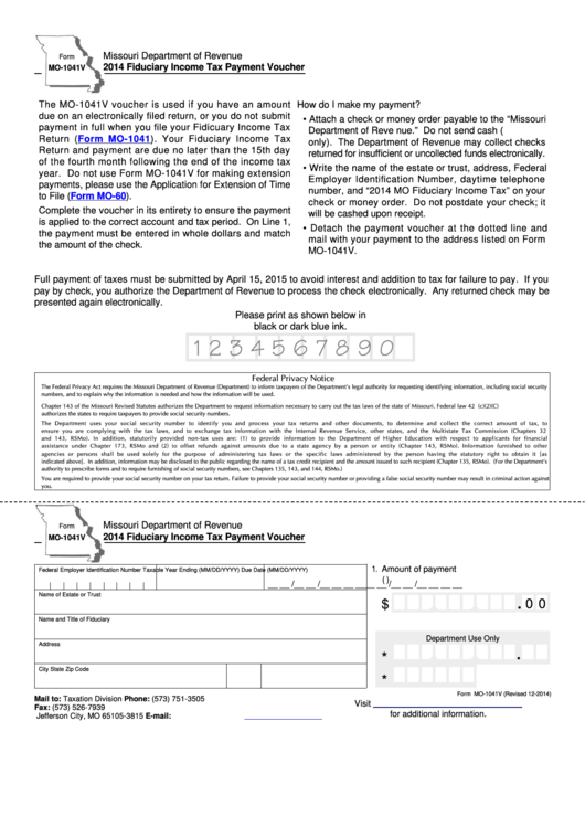 Fillable Form Mo-1041v - Fiduciary Income Tax Payment Voucher - 2014 Printable pdf