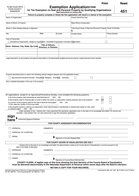 Fillable Form 451 - Exemption Application For Tax Exemption On Real And Personal Property By Qualifying Organizations Printable pdf
