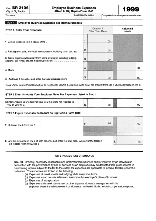 Form Br 2106 - Employee Business Expenses - City Of Big Rapids, Michigan - 1999 Printable pdf