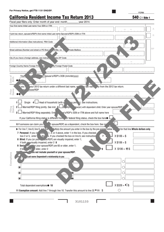 Form 540 C1 Draft - California Resident Income Tax Return - 2013 Printable pdf
